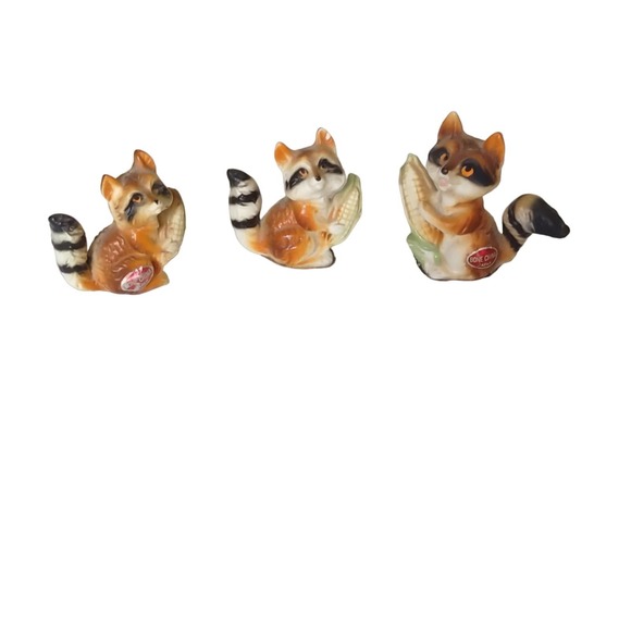 (3) Bone China Raccoon Family Holding Corn Japan Miniature Figurines - Picture 1 of 10